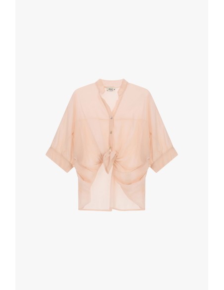 Camisa Cropped com Nó Frontal e Mangas Viradas Dixie
