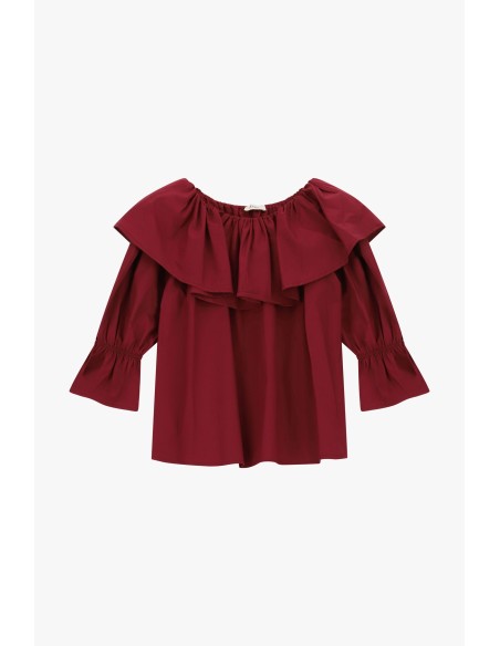 Blusa com decote Bardot e folhos, mangas 3/4 Dixie