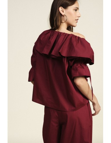 Blusa decote Bardot com folhos e mangas 3/4 Dixie