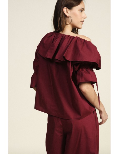 Blusa decote Bardot com folhos e mangas 3/4 Dixie