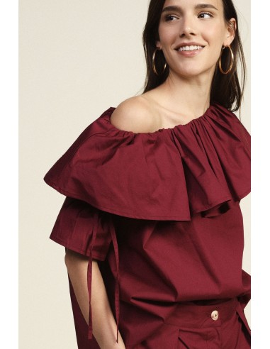Blusa Decote Bardot com Folhos e Mangas 3/4 Dixie