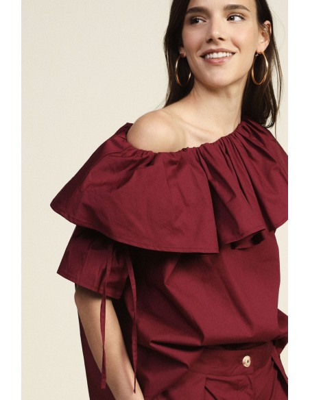 Blusa Decote Bardot com Folhos e Mangas 3/4 Dixie