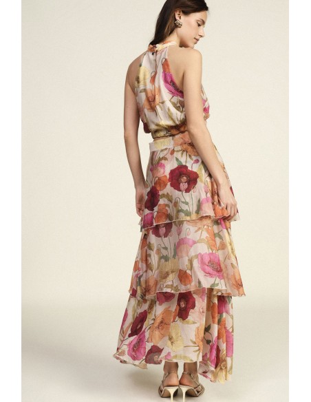 Saia Longa de Folhos com Estampado Floral Assimétrico Dixie