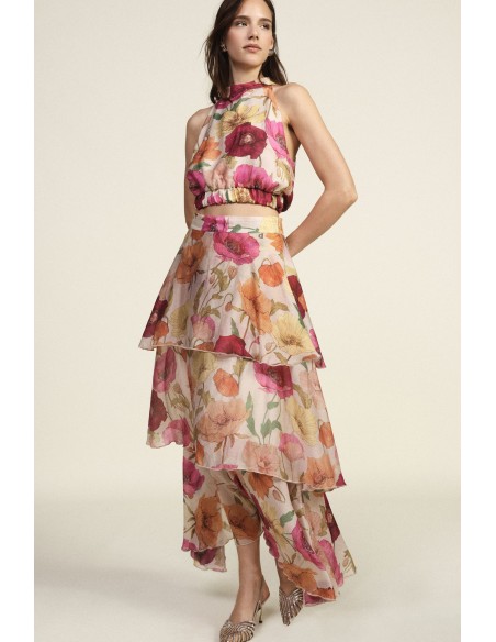 Saia longa com folhos e estampa floral assimétrica Dixie
