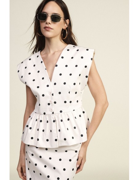 Colete com peplum e bolinhas, decote em V Dixie