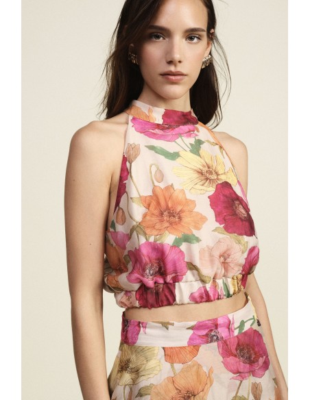 Top curto com estampa floral e bordo franzido Dixie