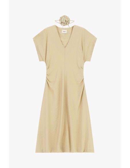 Vestido midi com drapeado lateral e decote em V Dixie