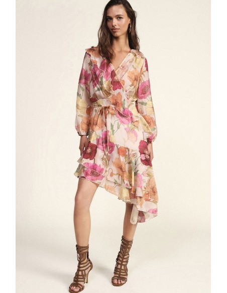 Vestido Curto Transpassado com Estampa Floral e Folhos Dixie