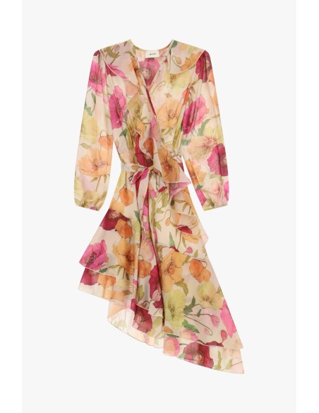 Vestido Curto Cruzado com Estampa Floral e Folhos Dixie