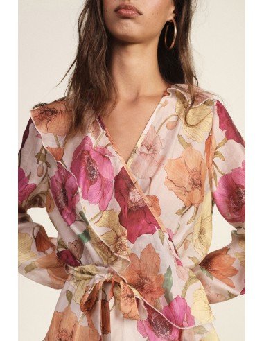 Vestido curto cruzado com estampa floral e folhos Dixie