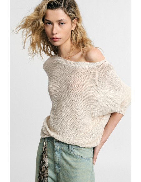 Camisola de gola redonda com pontos vazados, caimento solto Please