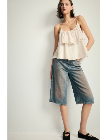 Jeans cinco bolsos perna larga cropped Please