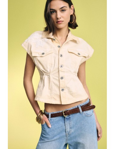 Denim Jacket Corta Con Spalle Ampie E Dettagli Ricamati Please - Ve...