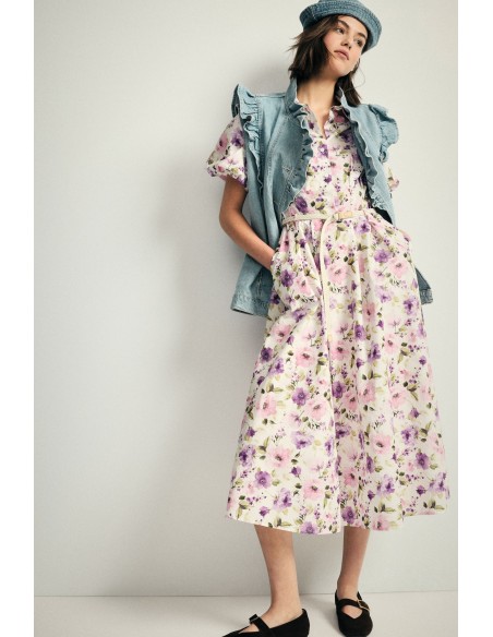 Vestido longo com estampa floral e cinto Please