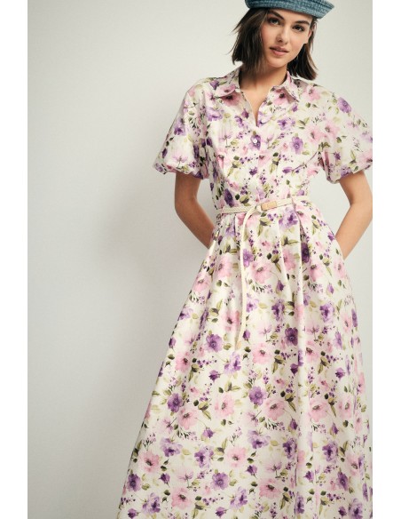 Vestido comprido com estampa floral e cinto Please