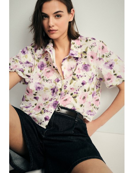 Camisa cropped floral com mangas curtas Please