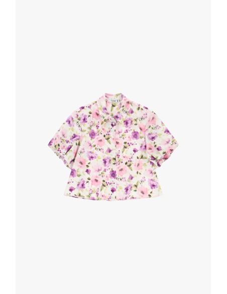 Camisa Cropped Floral com Mangas Curtas Please