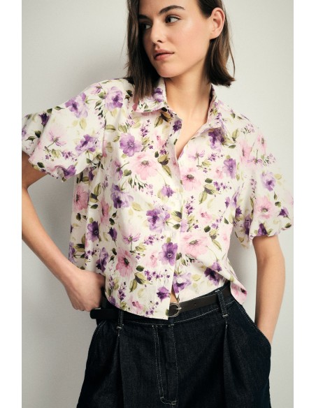 Camisa cropped floral com mangas curtas Please