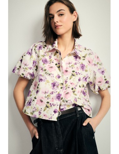 Camisa cropped floral com mangas curtas Please