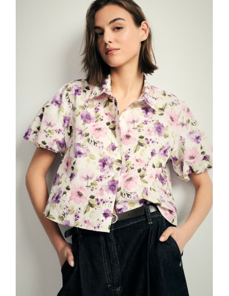 Camisa cropped floral com mangas curtas Please