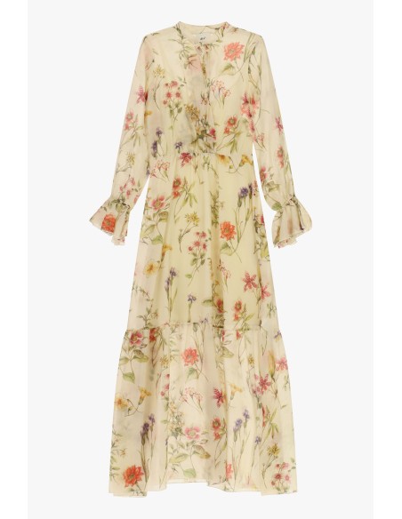 Vestido Longo Estampa Floral com Folhos na Barra Dixie