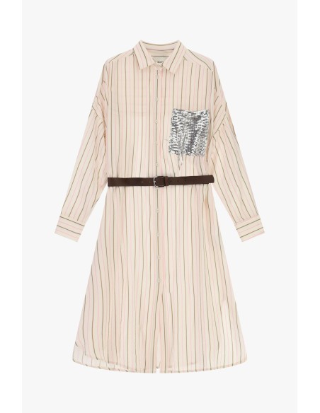 Vestido Midi às Riscas com Bolso de Lantejoulas e Cinto Dixie