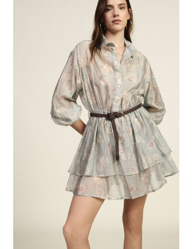 Vestido Curto Floral Com Cinto Tecido E Mangas Amplas Dixie