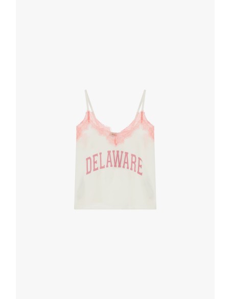 Top de alças finas com renda e estampado college Dixie