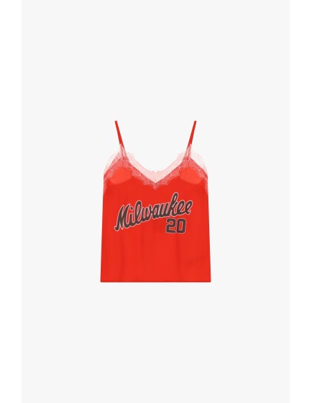 Top de alças finas com renda e estampado college Dixie