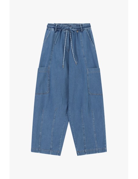 Jeans Balão com Bolsos Aplicados e Cordão Dixie