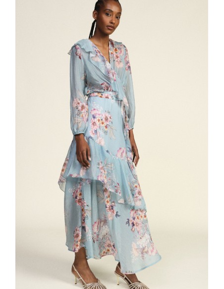 Vestido longo transpassado com estampa floral e folhos Dixie