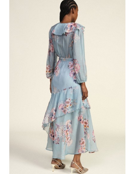 Vestido Longo Cruzado com Estampa Floral e Folhos Dixie