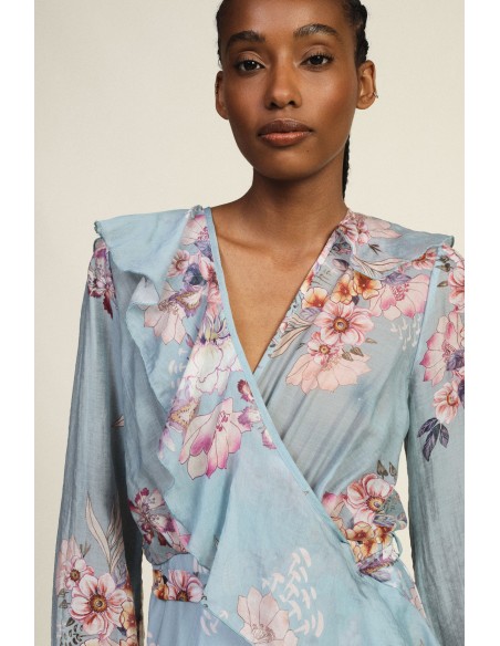 Vestido longo cruzado com estampado floral e folhos Dixie