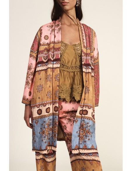 Casaco Duster Estampa Patchwork Mangas Largas Dixie