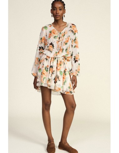 Vestido Curto com Estampa Floral Franzido com Cordões Dixie