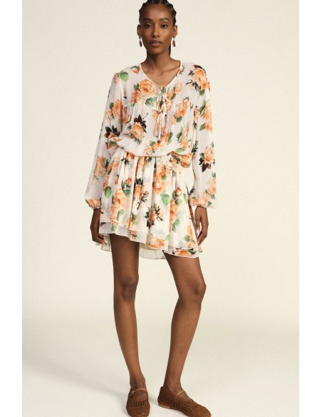 Vestido Curto com Estampa Floral Franzido com Cordões Dixie