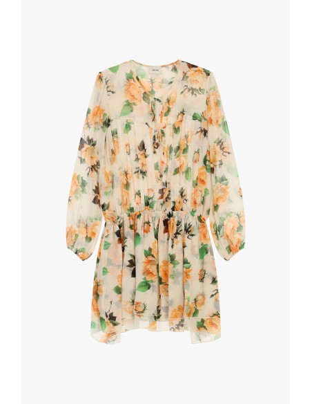 Vestido curto com estampado floral, franzido com cordões Dixie