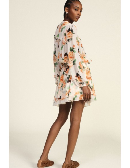 Vestido Curto Estampa Floral Franzido Com Cordões Dixie