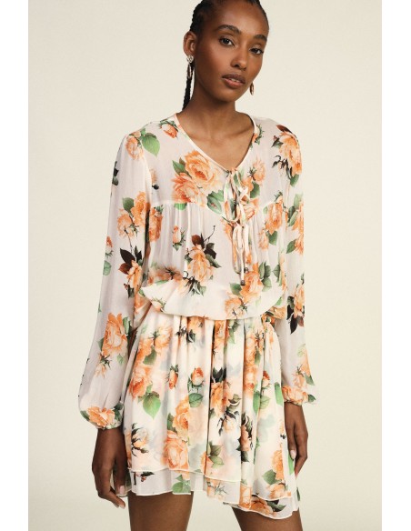 Vestido curto estampado floral franzido com tiras Dixie
