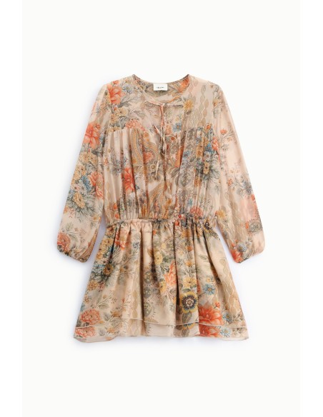 Vestido Curto com Estampa Floral e Decote com Cordões Dixie