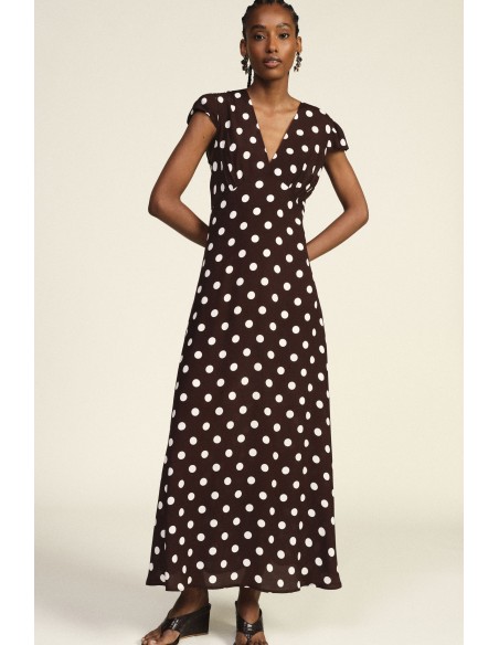 Vestido longo de bolinhas com mangas de folhos Dixie