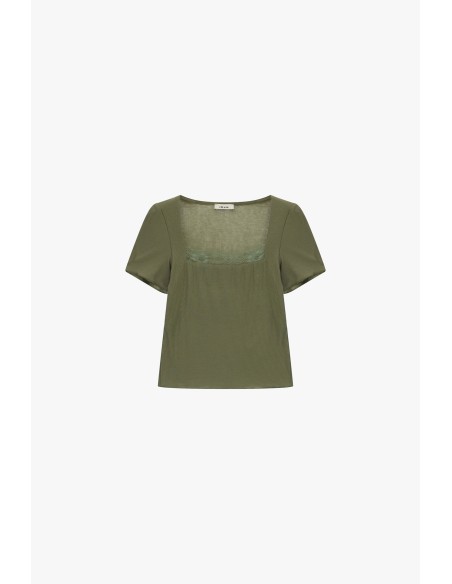 Top decote quadrado mangas curtas e inserto em renda Dixie