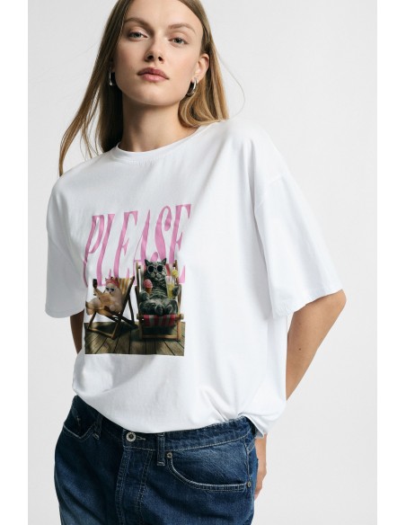 T-shirt ampla com grande estampa central, lettering e animais Please