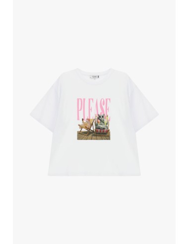 T-Shirt ampla com estampa central, lettering e animais Please