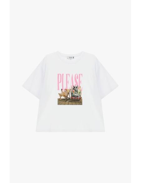 T-Shirt ampla com estampa central, lettering e animais Please
