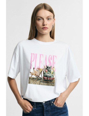T-shirt ampla com estampa central, lettering e animais Please