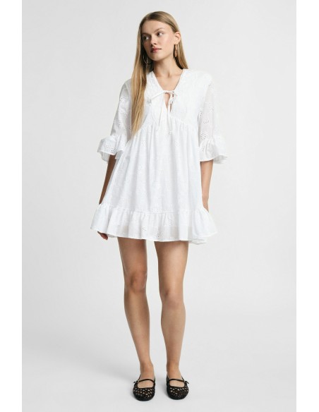 Vestido curto com mangas amplas e folhos, por favor