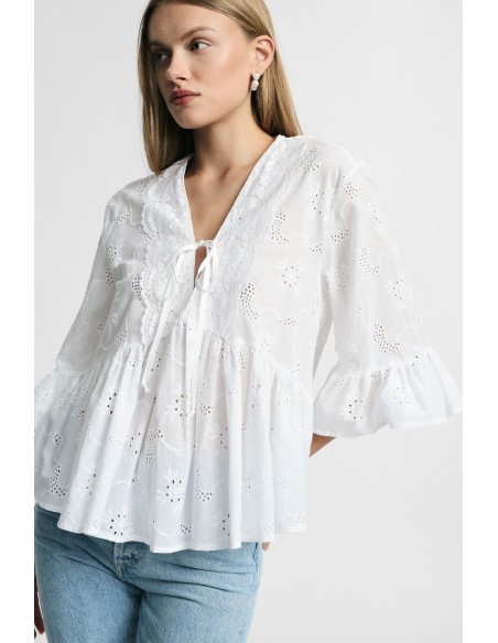 Blusa ampla com mangas de folhos e nó frontal Por favor