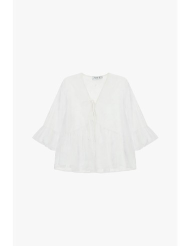 Blusa ampla com mangas de folhos e nó frontal Por favor