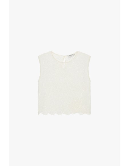 Blusa bordada sem mangas com barra festonada Please